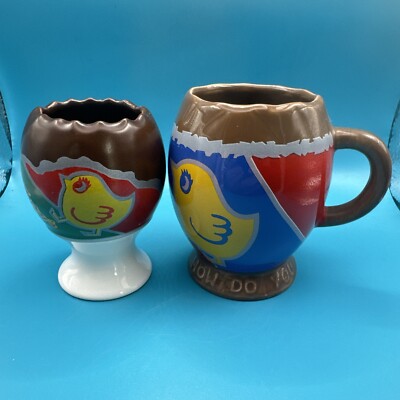 2x Vintage 80er Cadbury cremefarbene Eierwerbung, Ostertasse/Becher. Wie essen Sie Ihre?