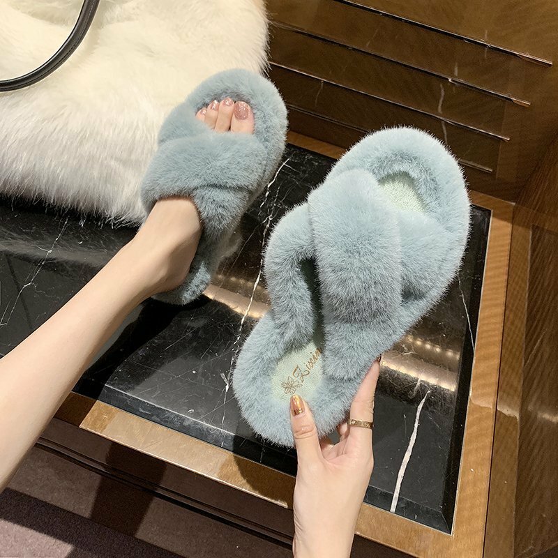 PANTOFOLA D’ORO Soffici ciabatte calde pelliccia sintetica donna scarpe basse mocassini invernali incrociati