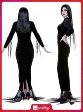 Halloween Kleid 'Morticia Addams' Damen – Schwarz, Mit Unregelmäßigen Ärmeln, Seitlichem Schlitz, Ohne Gürtel
