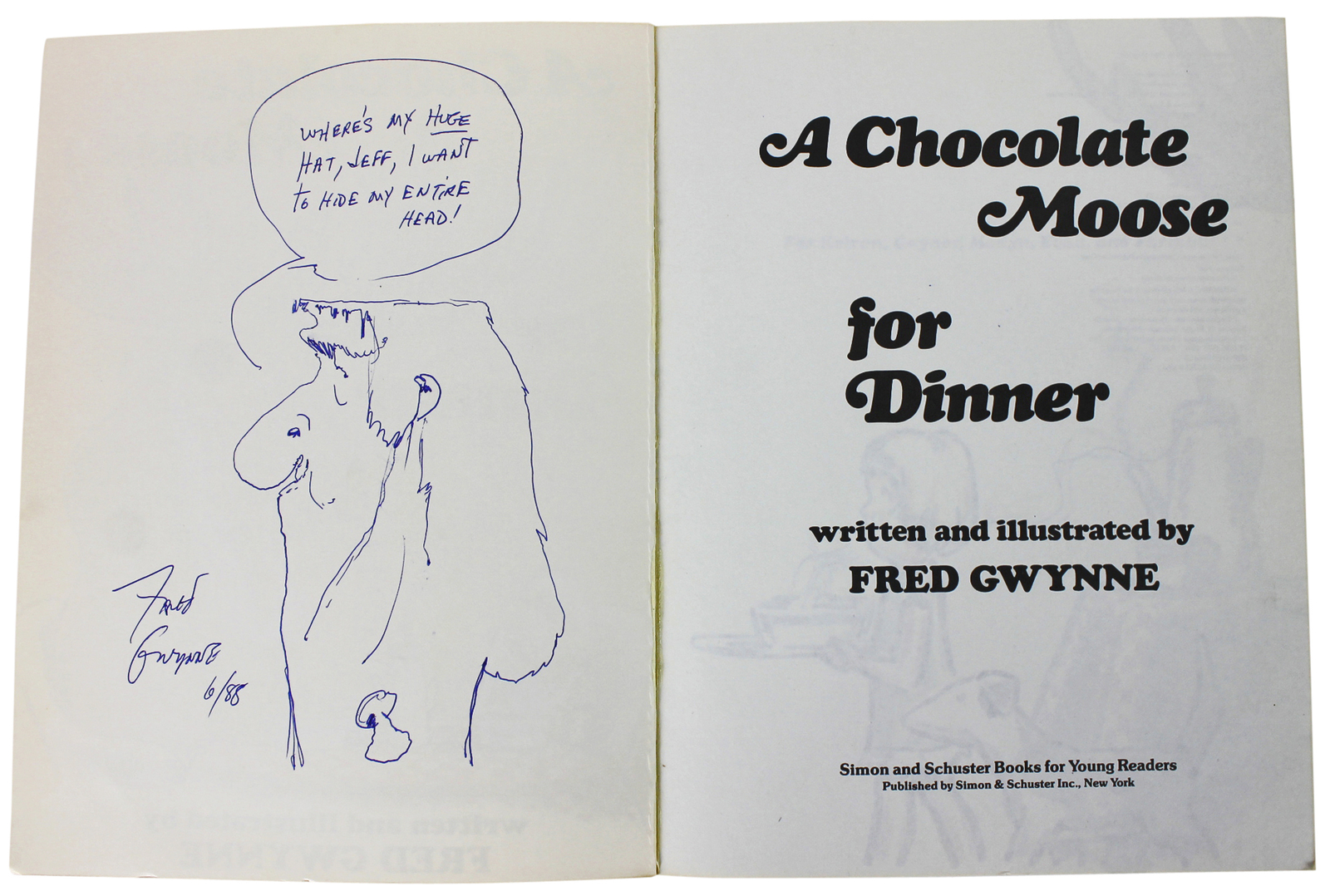 Fred Gwynne Autographed Signed A Chocolate Moose For Dinner Book & Sketch Beckett 