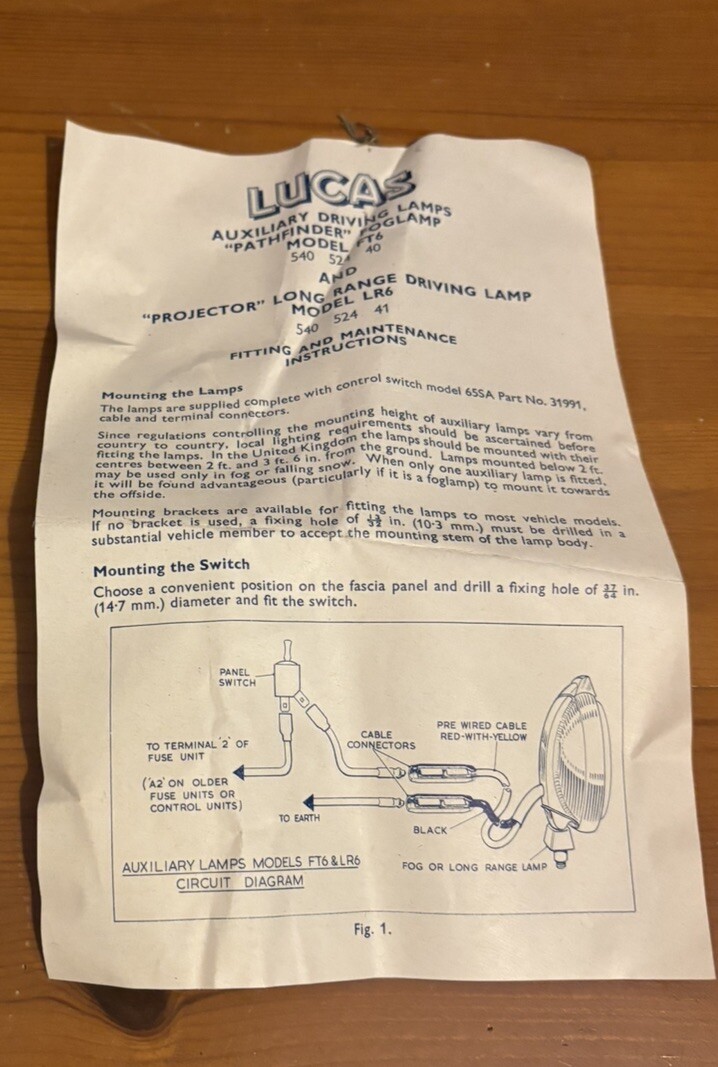 Lucas ‘Pathfinder’ Fog Lamp W/instructions Not Original Box