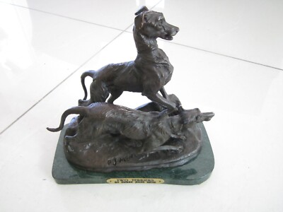 TWO TERRIERS BY PIERRE JULES MENE BRONZE SCULPTURE SIGNED ON GREEN MARBLE FRANCE
