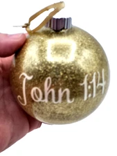 JOHN 1:14 Sparkly Gold Christmas Ornament Satin Ribbon Unbreakable 3" Round YK