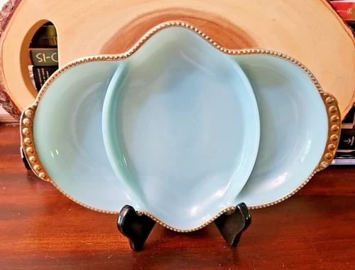 Vintage Fire King Jadeite Green Glass Gold Trim Divided Trio Platter Tray 11"