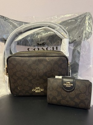 COACH Carey Signature Logo Brown Black Crossbody Bag with Matching Wallet Set