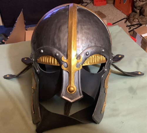 VIKING HELMET: LARGE SIZE: 18 GAUGE STEEL: LEATHER LINING: LARP SCA: AWESOME!