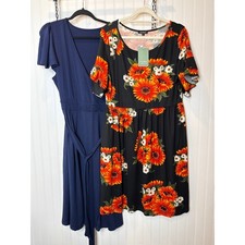 NWT Amazon Dresses Lot of 2 - Navy Faux Wrap & Bold Floral Dress Bundle Size L