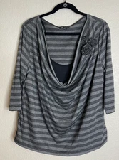 I.N. Studio Womens 2X Grey Striped Blouse Waterfall Neck Artsy Preppy Going Out