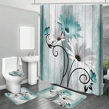 4 Pieces Teal Daisy Farmhouse Bathroom With Shower Curtain and Rug Accessory Set