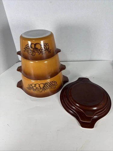 Vintage Pyrex Old Orchard Set of 3 Casserole Dishes w/ Lids 473, 474, 475-B