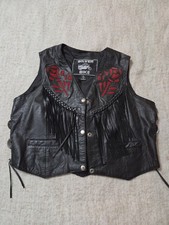 Vintage Silver Bike Women  s Black Leather Vest XL Red Rose Fringe Biker Western