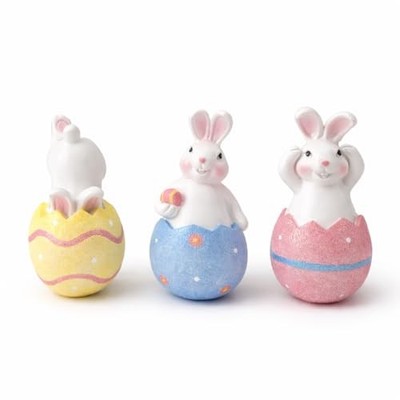 Easter Bunny Figurines Set of 3   Resin Bunnies in Cracked Egg Blue/Yellow/Pink