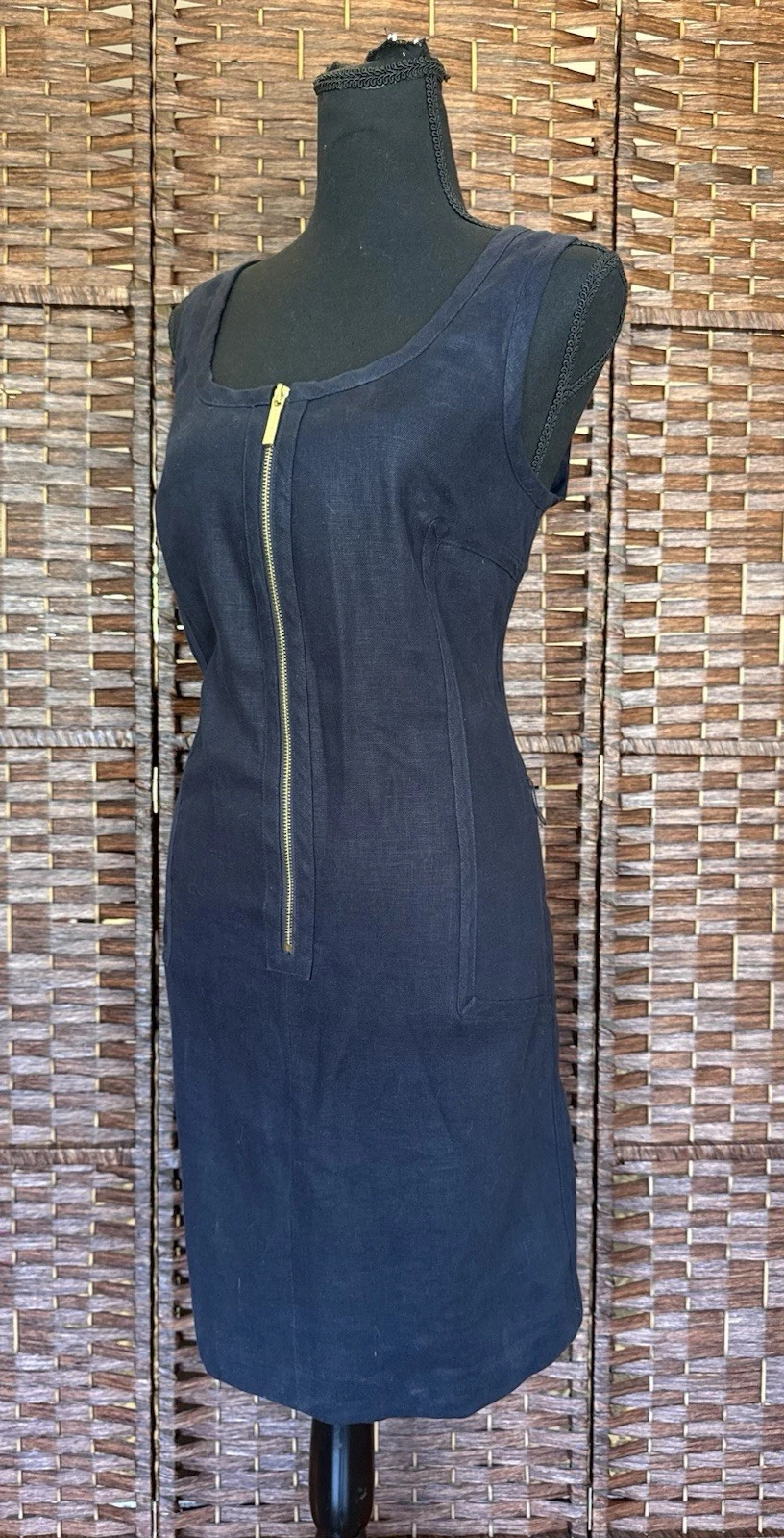 Abito tubino lino blu navy taglia 12 Michael Kors oro zip canotta senza maniche ginocchio
