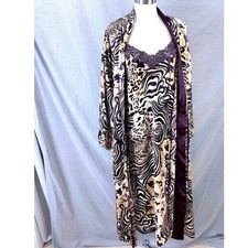 Natori Women Mixed Animal Print Satin Chemise and Long Robe Set Purple Gold M