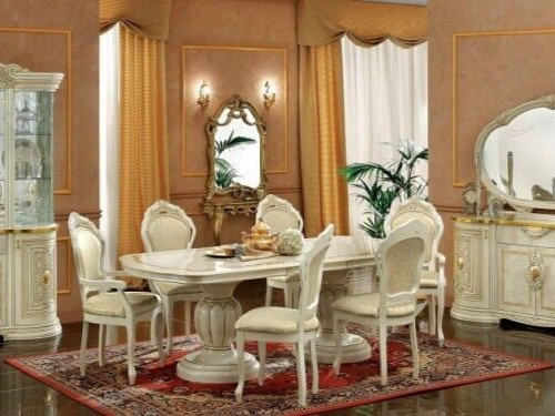 Leonardo Italian High Gloss Ivory/Gold Oval Extension Dining Table with 6 Chairs - Picture 1 of 4