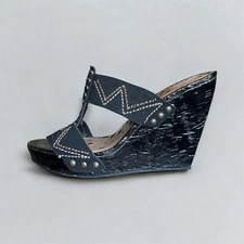 Not Rated Wedge Sandals Womens 9 Black Leather Tribal Print Stud Details Boho