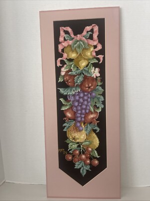 Needlepoint Fruit Sampler Grapes Pears Cherries 26x10.5  Signed 1993 Vintage