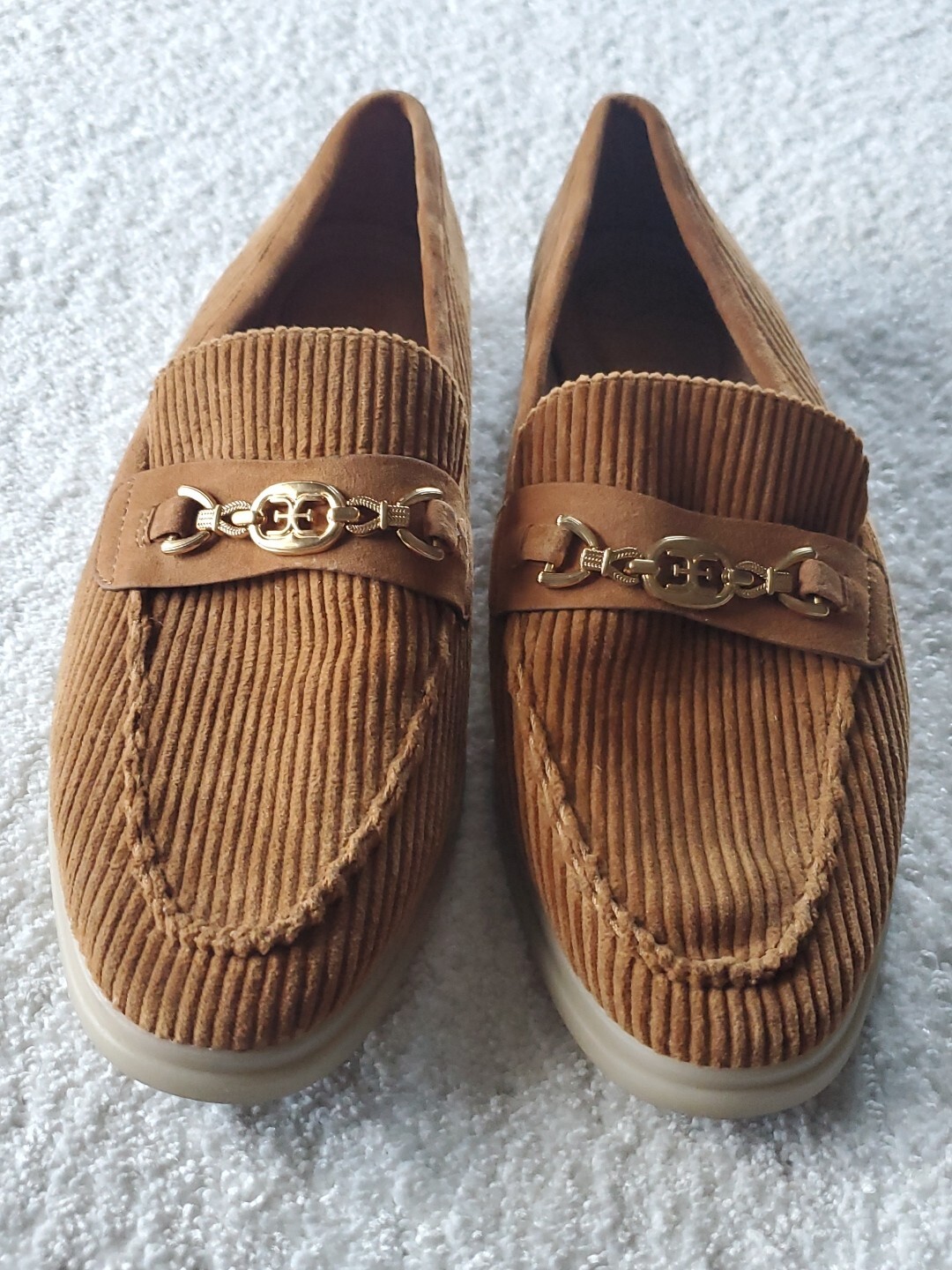 SAOLA Mocassino Sam Edelman taglia 10 calza pelle marrone dorato velluto a coste suola gomma morso cavallo