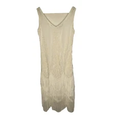 Babeyond Flapper Dress Womens Size S Cream Embroidered Tasseled Hem Sleeveless
