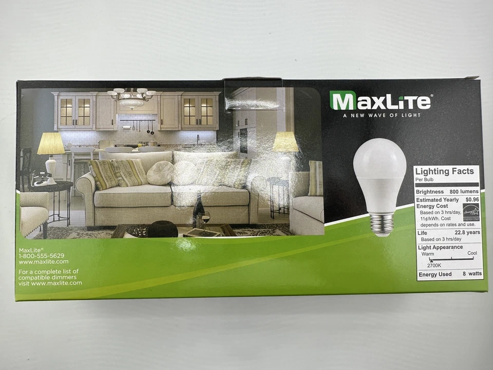 12-Pack MaxLite A19 Dimmable Bulb 60W Equivalent LED 2700K Soft White 800 Lumens - Image 3 of 3