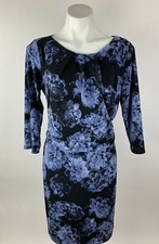 Ann Taylor Black Blue Floral Pleat Blouson Dress Stretch Large L Excellent