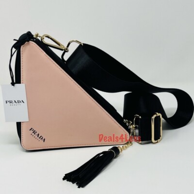 Prada Pouch To Crossbody Purse Cosmetic Bag Pink Clutch Black Tassel  Stadium NEW