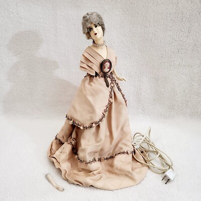 Vintage Chalkware Art Deco Boudoir Half Doll Lamp w/ Floral Trim Dress - WORKS