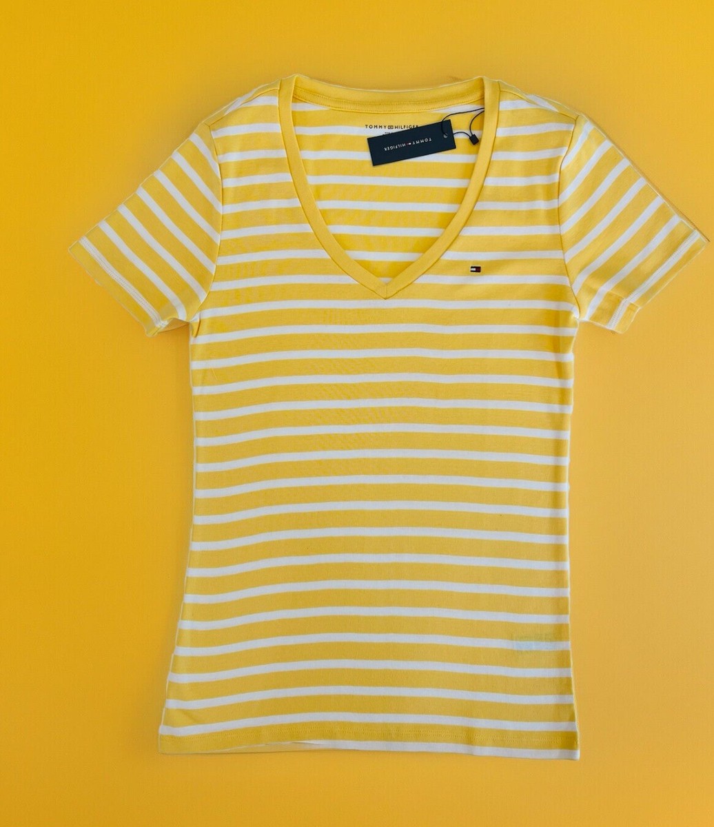 Tommy Hilfiger $39 Womens Yellow V-NECK TEE T-SHIRT Stripes SIZE Medium NWT