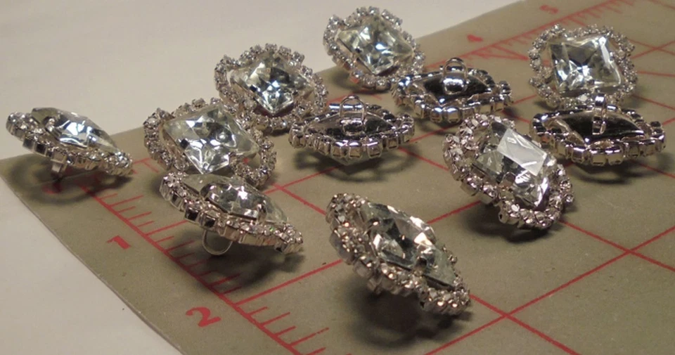 5 Lg Vntage Czech Silver Metal Shank Buttons Square Stone & Tiny Rhinestones 622 - Image 3 of 4