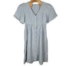 Madewell Cassie Button-Front Midi Linen Dress Powder Blue Stripe Womens Sz Large