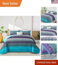 Boho Queen Quilt Set - Luxurious Blue-Purple Microfiber Bedding for All Seasons