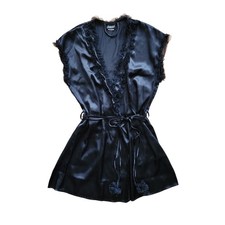 Y2K Vintage Fredericks of Hollywood Satin Robe Black Size S Wrap Black Lace Trim