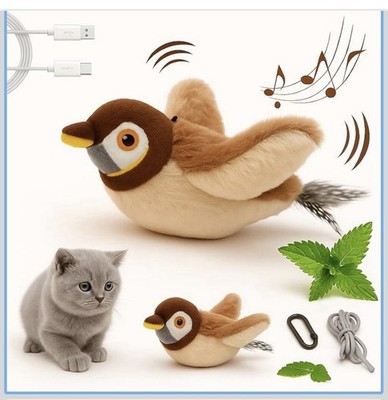 Flapping Sparrow Bird, Cat or Dog Toy Tweets Flaps Wings With String & Feathers