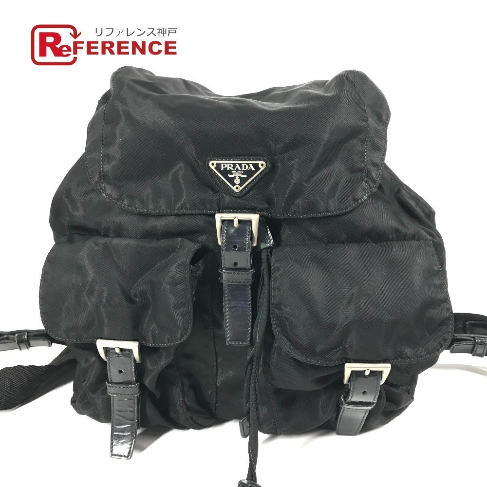 PRADA Triangle Logo Plate Bag Backpack Rucksack Black Unisex Used from japan