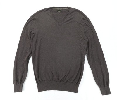 Massimo Dutti Sweater Mens L Brown V Neck Silk Cashmere Elbow Patch Luxury