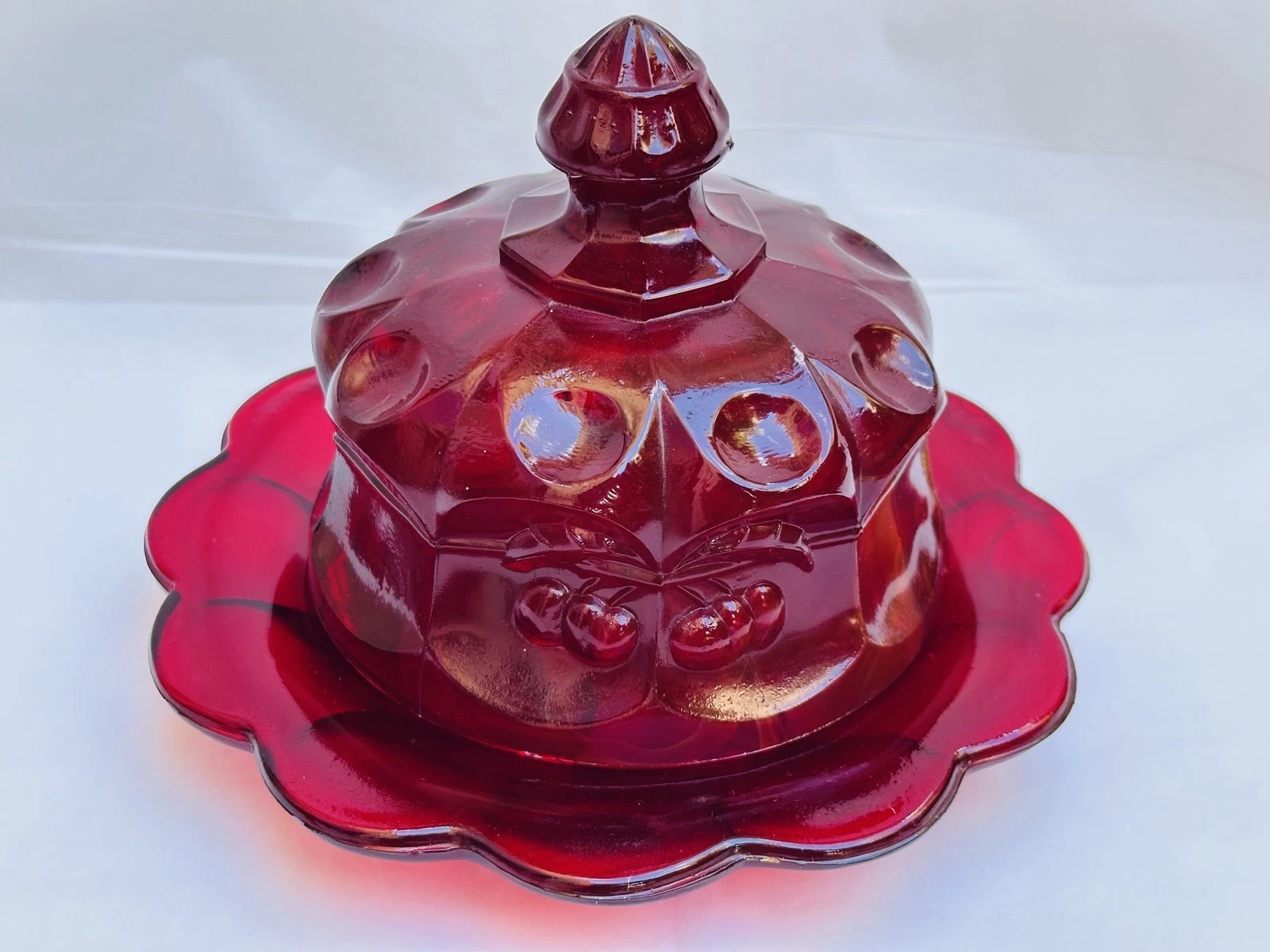 Vintage Mosser Glass Cherry Red Covered Butter Dish Thumbprint Great Condition