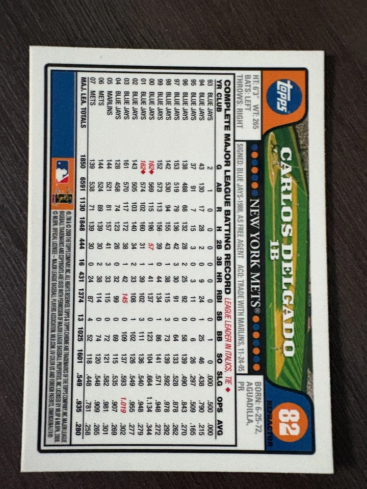 2008 Topps Chrome Carlos Delgado Refractor #82 New York Mets - Image 2 of 2