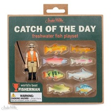 Fishing Toy Figures Fisherman & 8 Fish Soft Vinyl Miniature Playset Novelty Gift