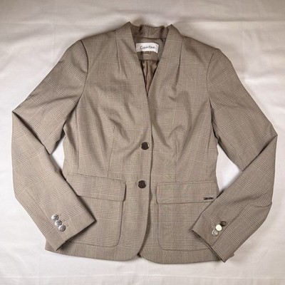 Calvin Klein Women's Beige Plaid Blazer Two Buttons Pockets Sz 4P
