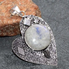925 Silver Plated Best Deal Rainbow Moonstone Round Pendant 2.7" GW