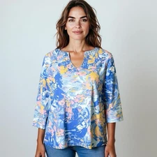 NEW Quacker Factory Top Women's Size Small Blue 3/4 Sleeve Beaded Sequins