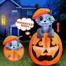 5 FT Halloween Blow Up Pumpkin Animated Blow Up Cat On Pumpkin with LEDs