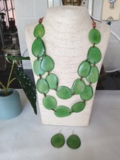 Handcrafted Tagua Nut Organic Necklace Set, 2 Strands, Earrings, Bright Green