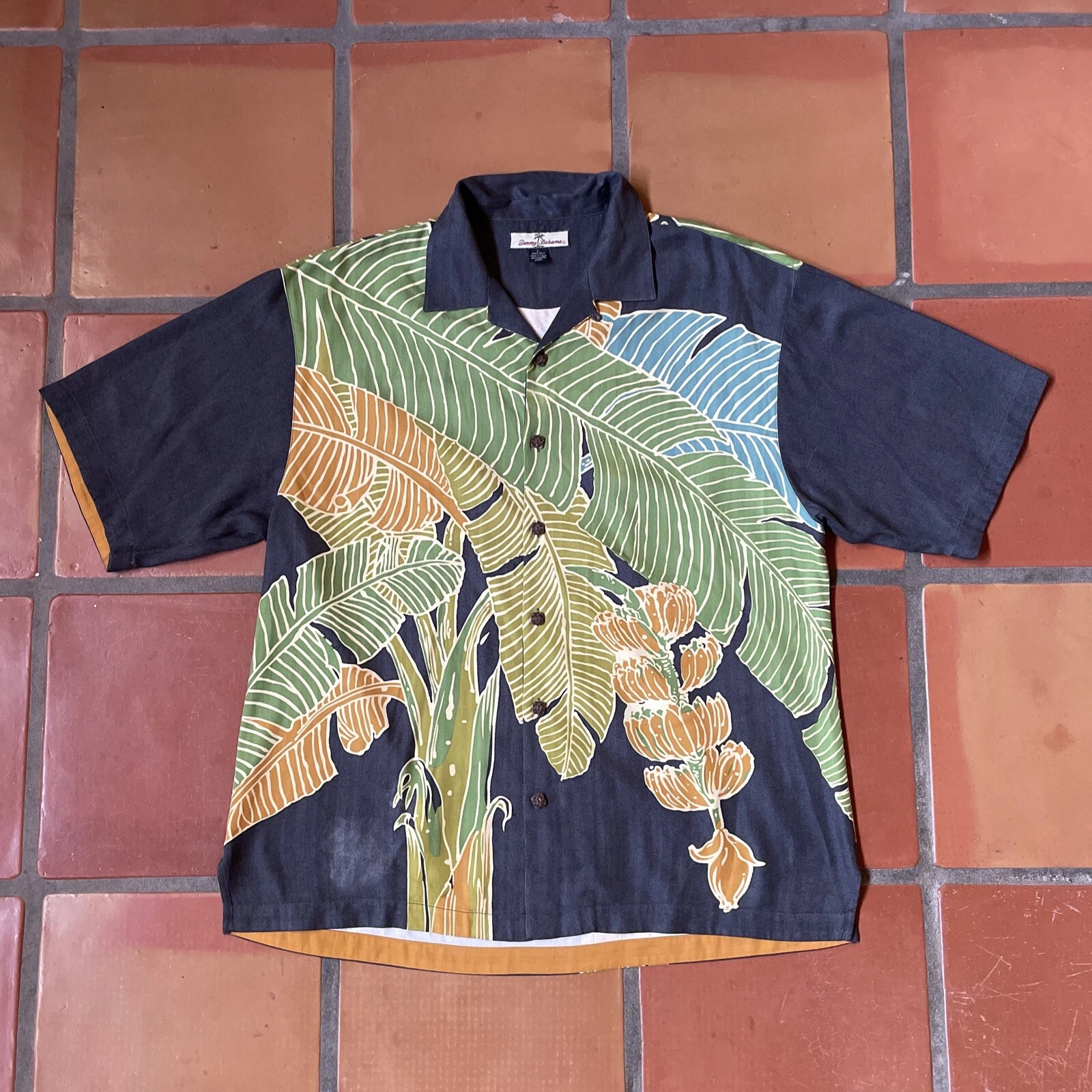 Tommy Bahama Mens L Silk Button Up Shirt Tropical Plant All Over Print Design