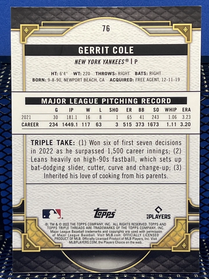 2022 Topps Triple Threads GERRIT COLE New York Yankees Base 76 - Image 2 of 2
