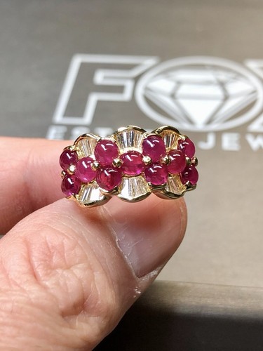Estate 18K Yellow Gold Cabochon Ruby Baguette Diamond Cocktail Band Ring 5.44ctw - Picture 6 of 10