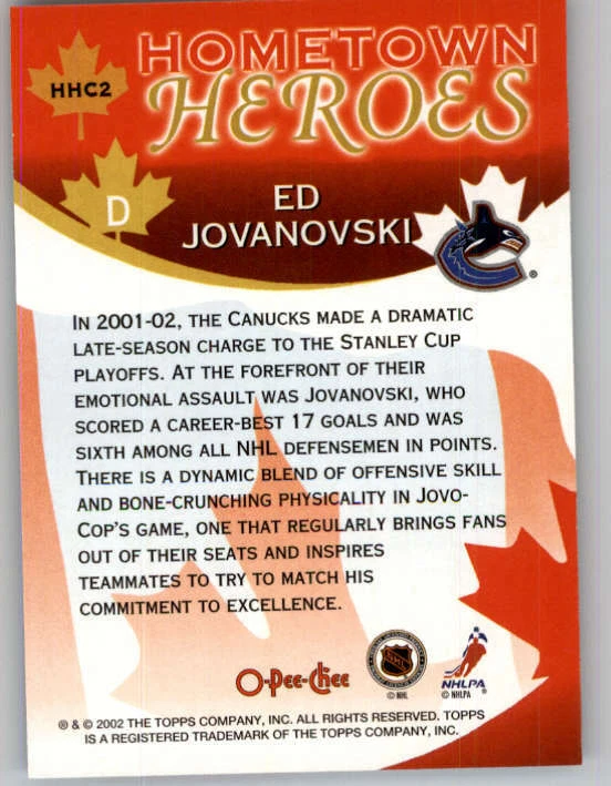 2002-03 O-Pee-Chee Hometown Heroes #HHC2 Ed Jovanovski (ref 162155) - Image 2 of 2