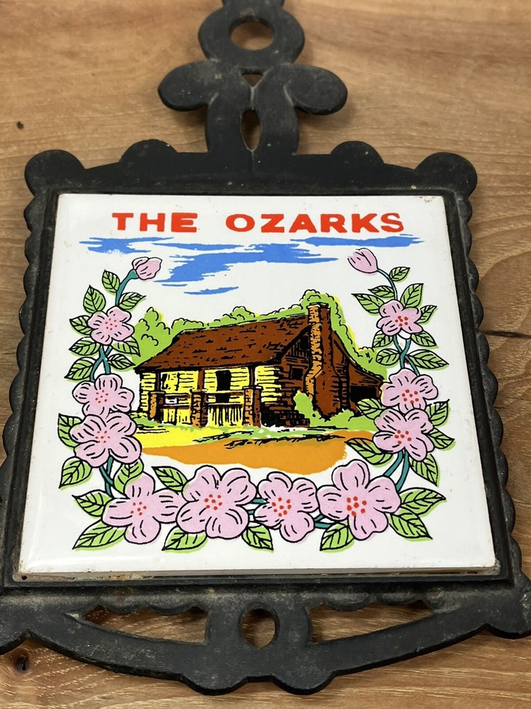 Vintage Trivet Ozarks Design Porcelain & Cast Iron