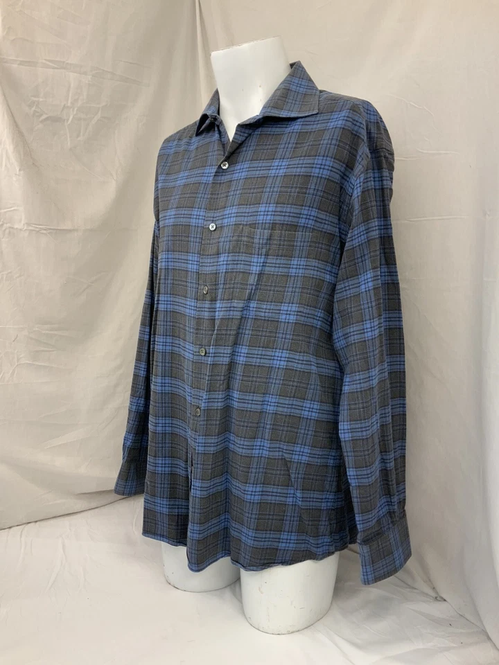 Camisa Kim Arenque Botón XL Hombres Gris Azul Cuadros Algodón Hecha en Italia Como Nueva YGI Q1-46 Foto 4 de 4