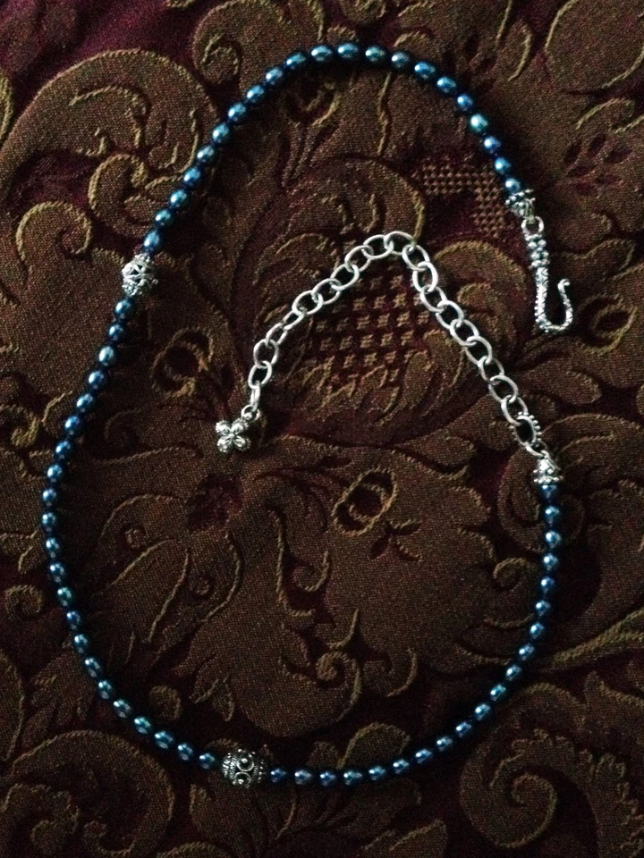 🦋 Barbara Bixby 蓝珍珠项链纯银链雕刻珠 — 第 4/4 张图片